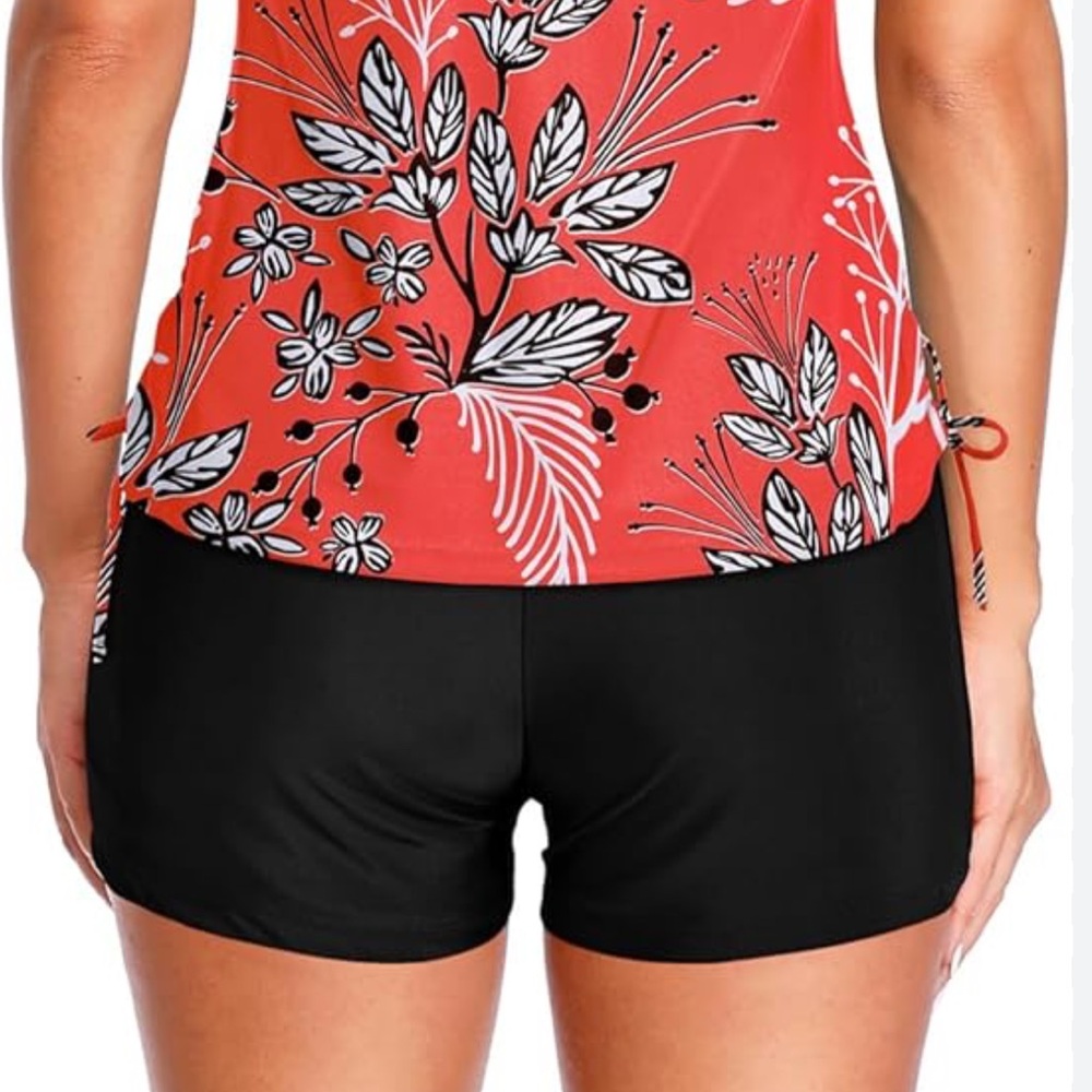 Womens High Neck Blouson Printed Tankini Top with Boy Shorts Modest Swimsuit L - Picture 2 of 2